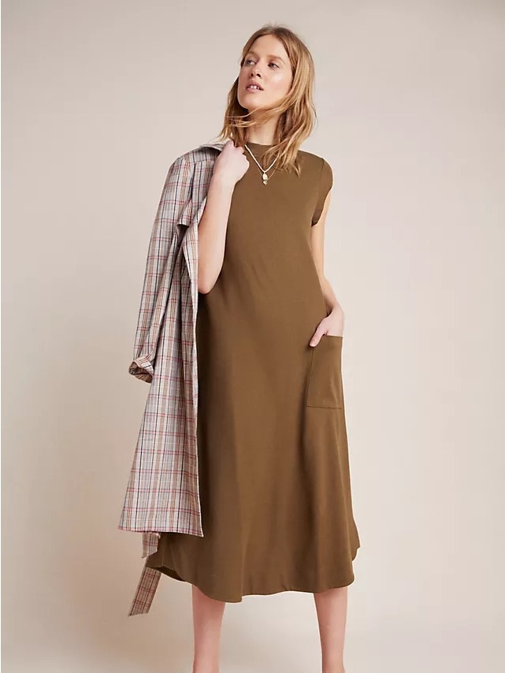 Anthropologie maxi T-shirt dress Olive Green with Pocket